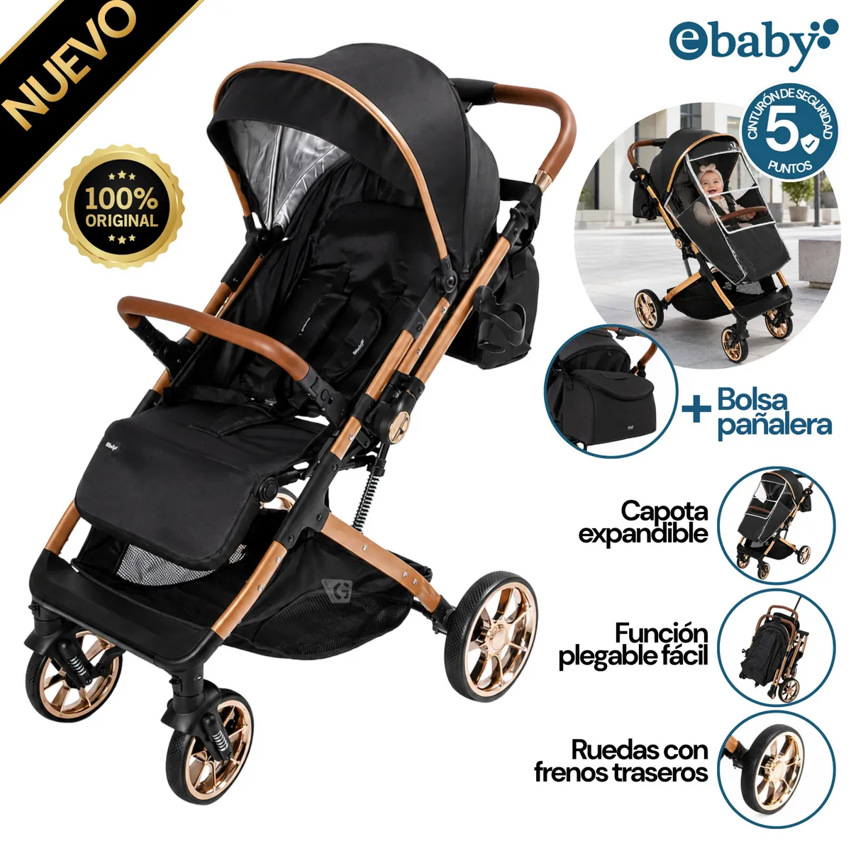 COCHE MALETA EBABY PEGASUS EB176 PARA BEBÉ NEGRO - 1