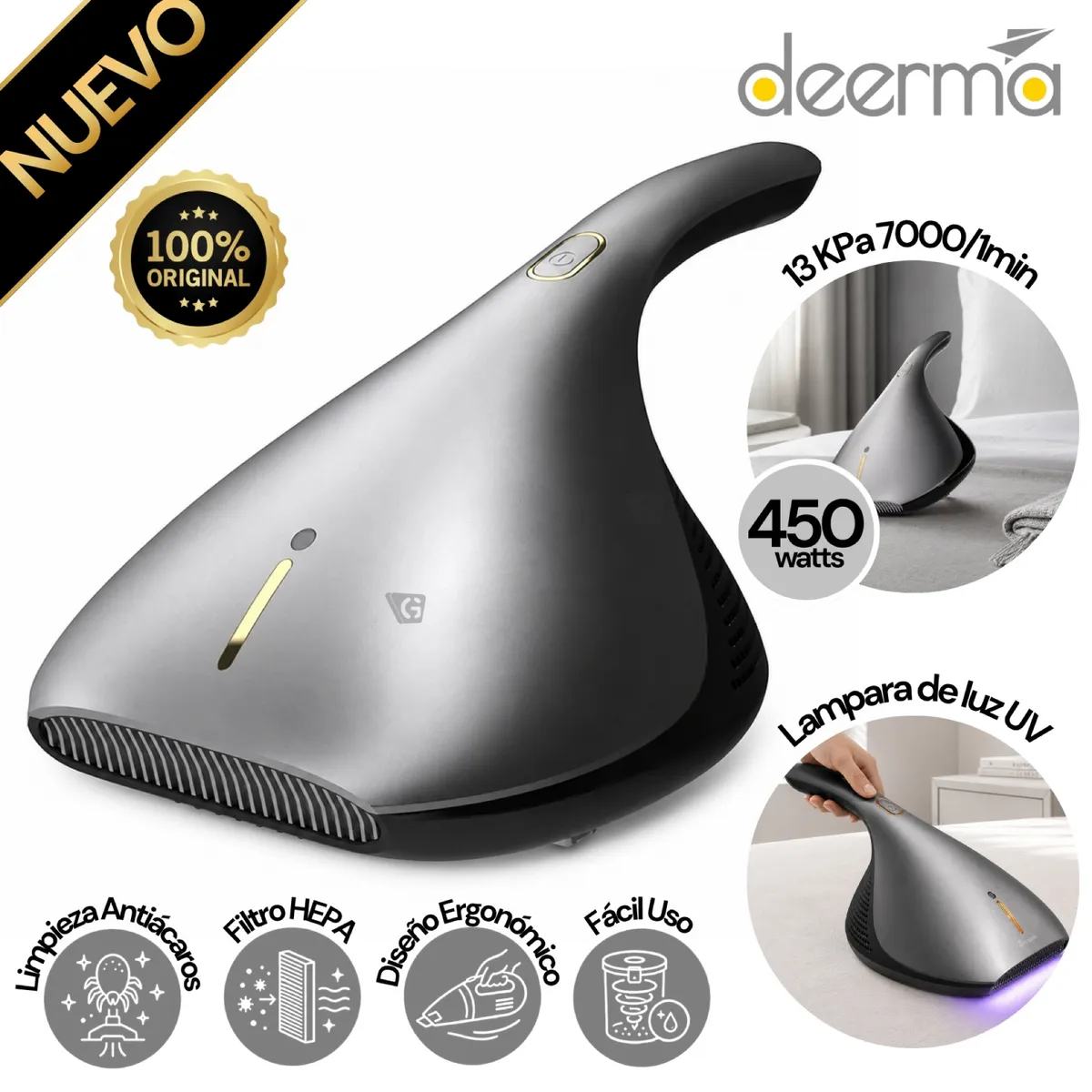 ASPIRADORA DE MANO ANTI-ÁCAROS EX919 LUZ UV CALOR 50°C GRIS - 1