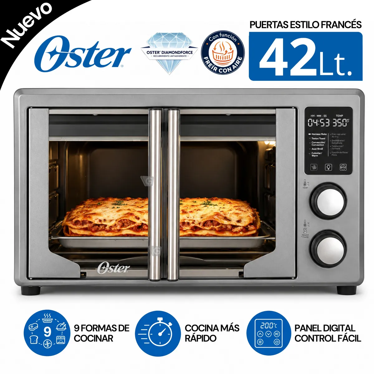 HORNO CON FREIDORA DE AIRE DIGITAL OSTER® DE 42 LITROS, PUERTAS FRANCESAS, TSSTTV42FDDAFNS - 1