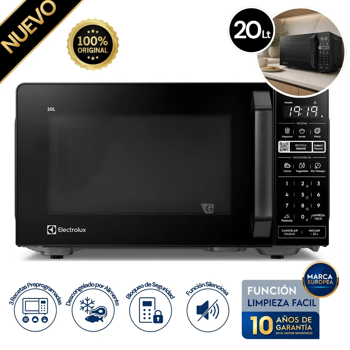 MICROONDAS ELECTROLUX 20L FUNCIÓN DESCONGELAR Y RECETAS PREPROGRAMADAS NEGRO EMDZ20S2GAB - 1