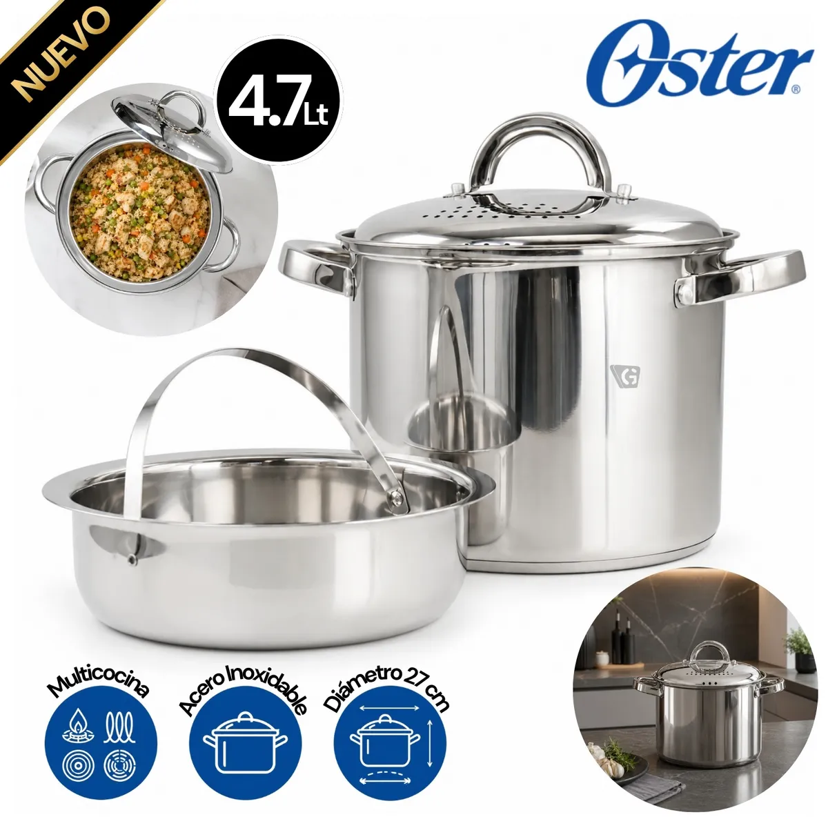 OLLA PARA PASTA 4.7LT CON VAPORERA OSTER SANGERFIELD MOD. 130010.03 - 1