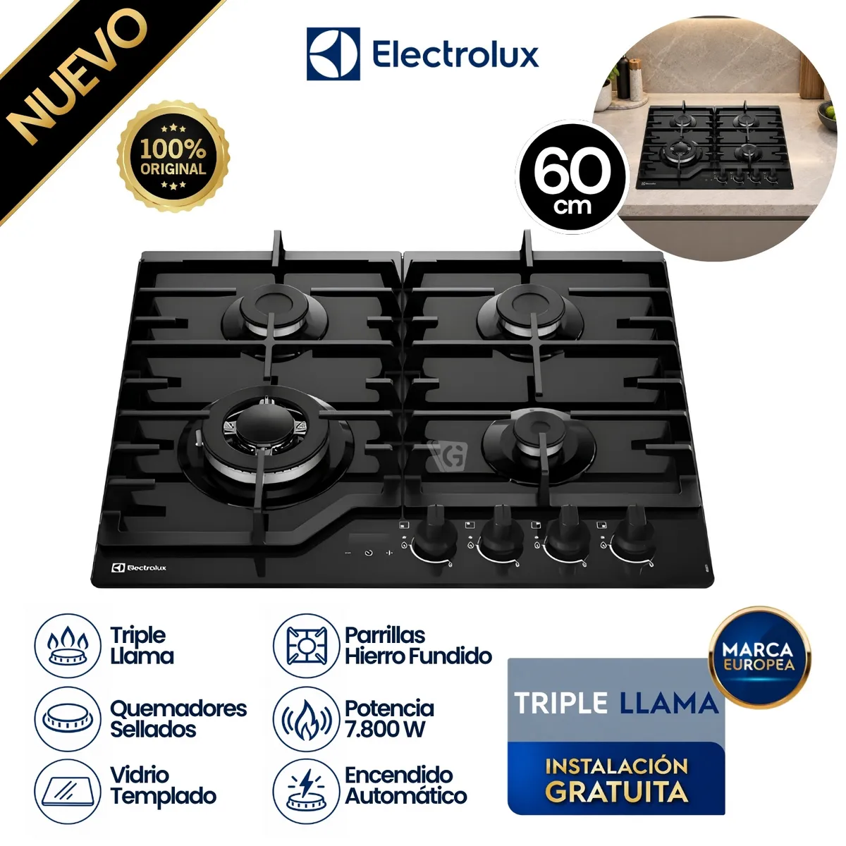 ENCIMERA A GAS 4 HORNILLAS 60CM MESA DE VIDRIO ELECTROLUX KE4CT - 1