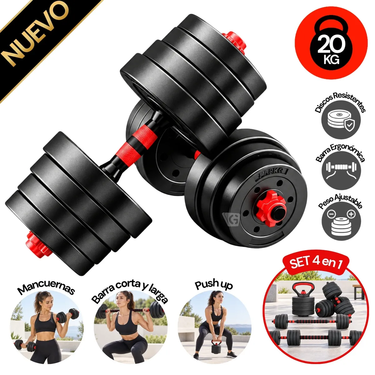 MANCUERNAS SET DE 20 KG CONVERTIBLES + BARRA + ASAS - 1