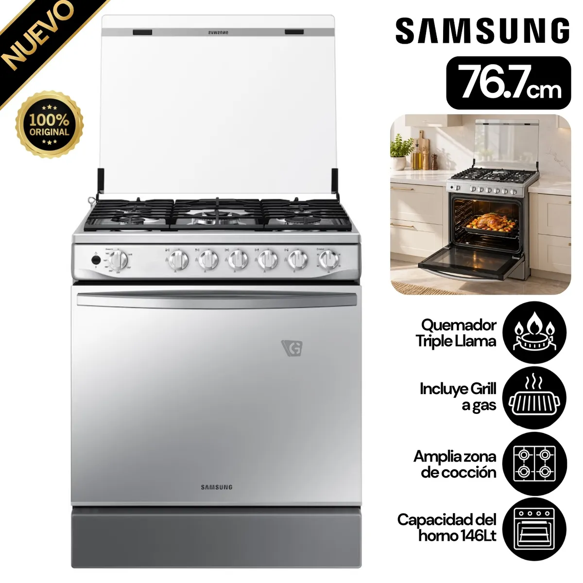 COCINA SAMSUNG A GAS, 5 HORNILLAS MIRROR LOOK NX52T7322PS - 1