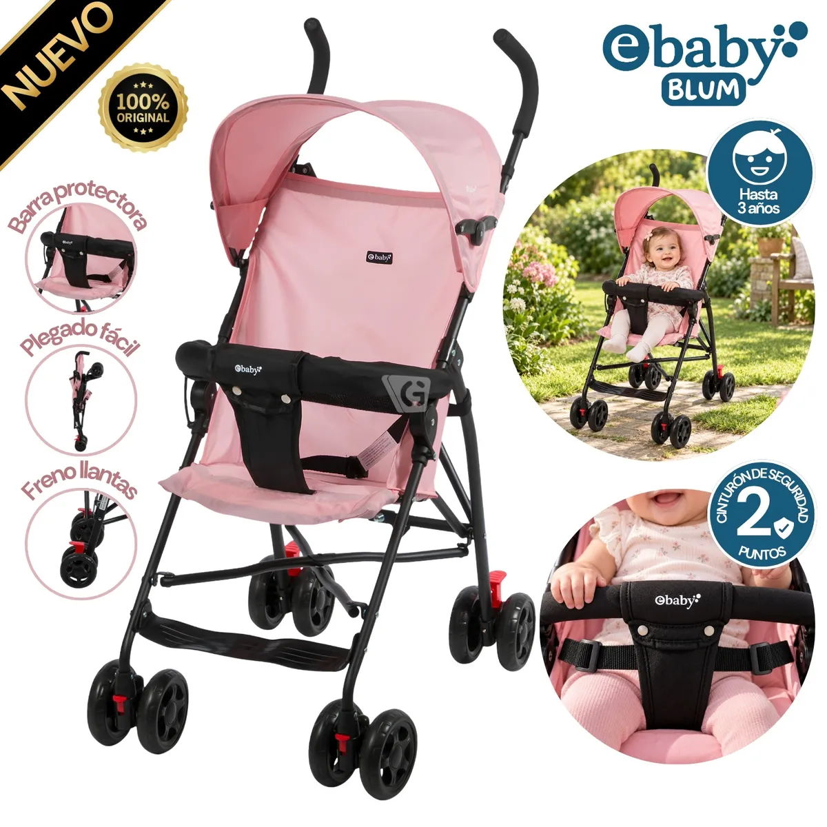 COCHE BASTÓN EBABY BLUM – EB2013 ROSADO - 1