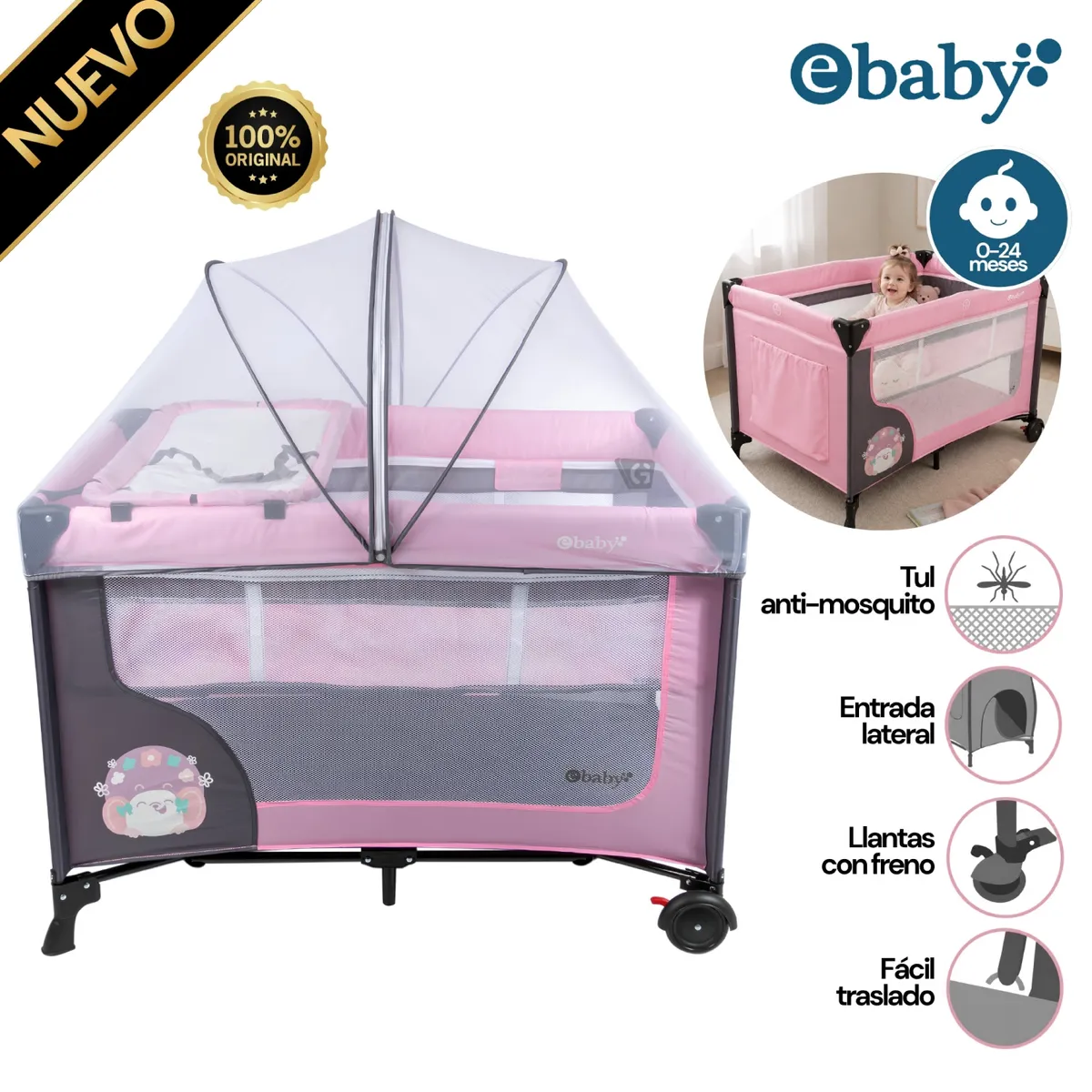 CUNA CORRAL EBABY CON CAMBIADOR HAPPY DREAM ROSADO 727-2 - 1