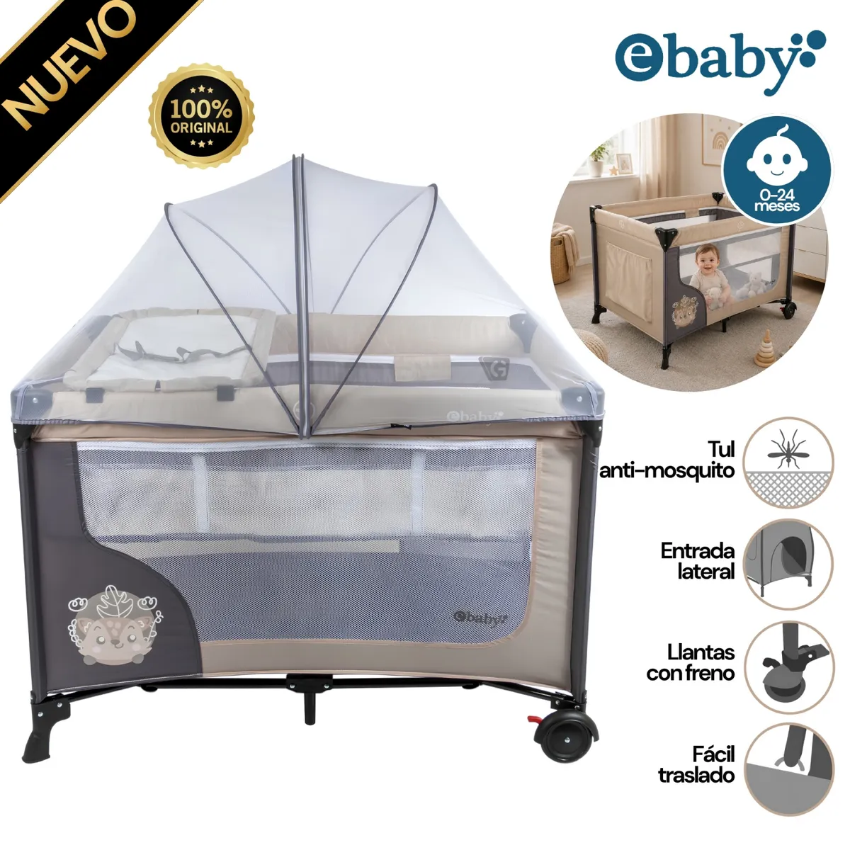 CUNA CORRAL EBABY CON CAMBIADOR HAPPY DREAM BEIGE 727-2 - 1