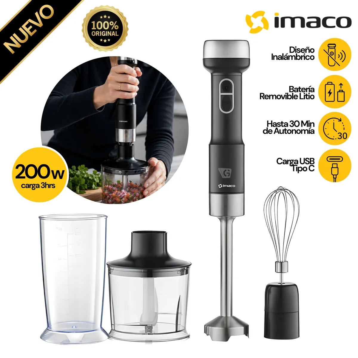 LICUADORA DE MANO INALÁMBRICA CORDLESS OUTDOOR SERIES HB200B IMACO - 1