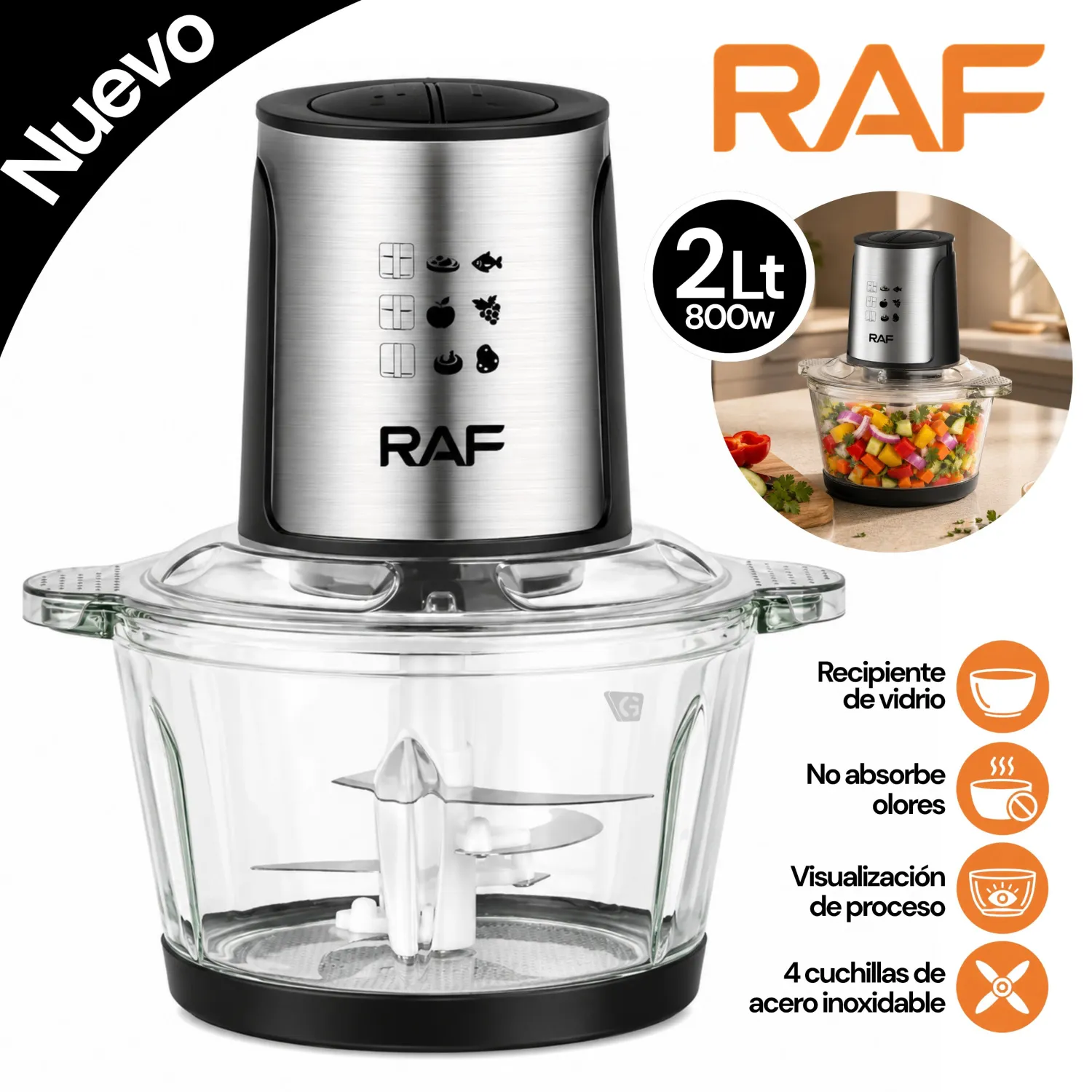 PROCESADORA DE ALIMENTOS RAFF 2L VIDRIO 800W R7018 - 1