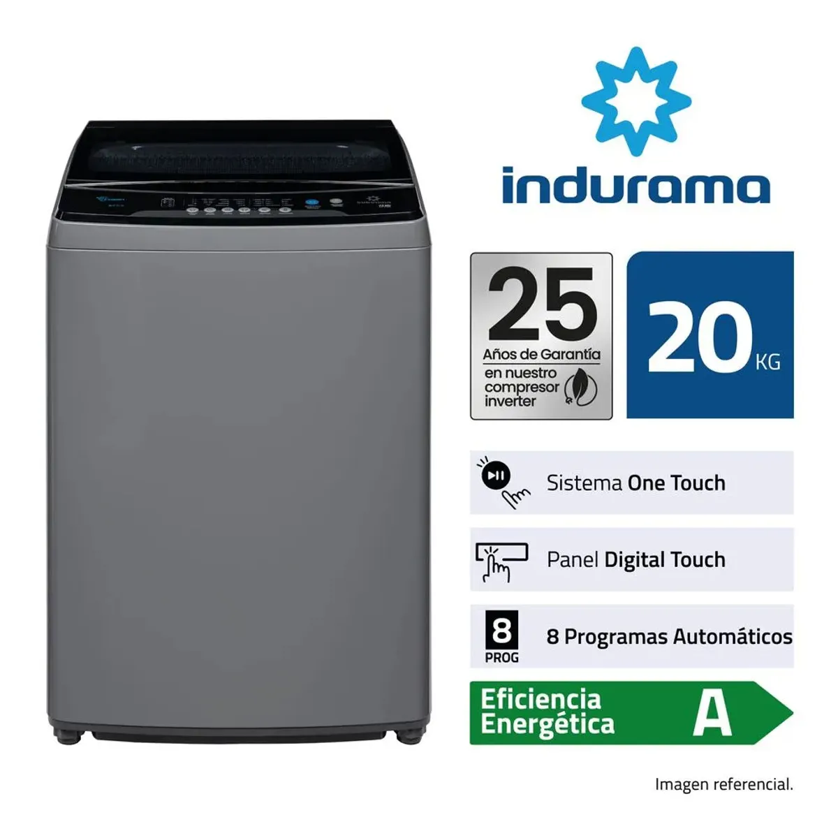 LAVADORA AUTOMÁTICA INVERTER 20 KG CARGA SUPERIOR GRIS INDURAMA LRI-20IGR - 1