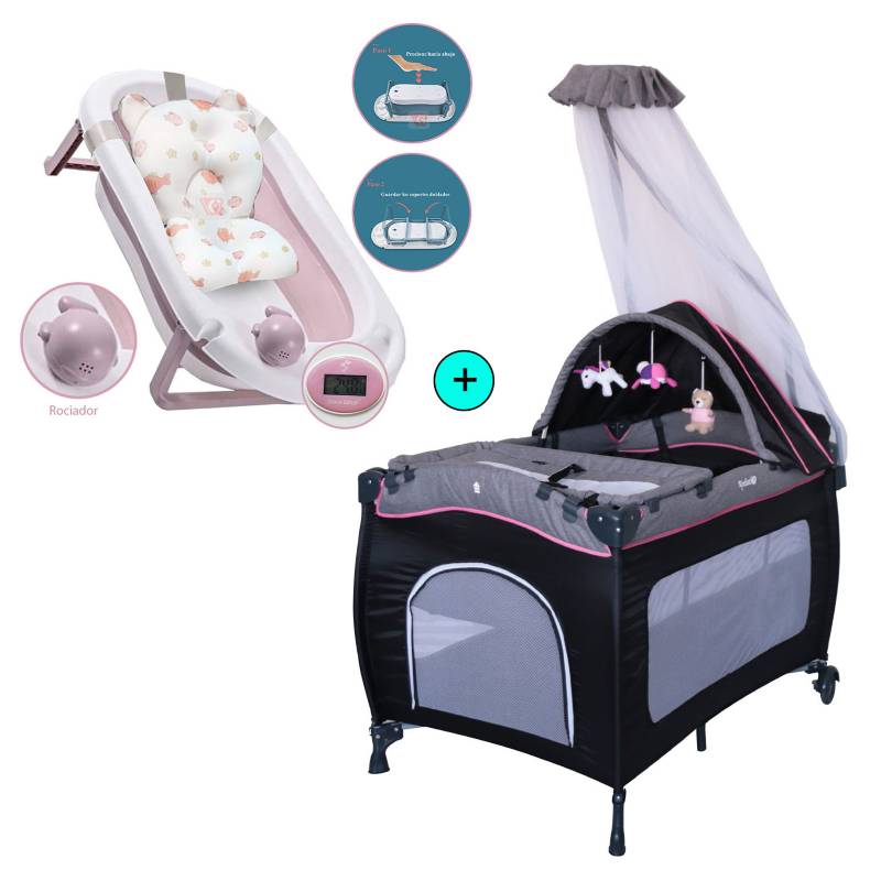 EBABY CUNA CORRAL SALLY 716 + TINA PLEGABLE ROSADO - 1