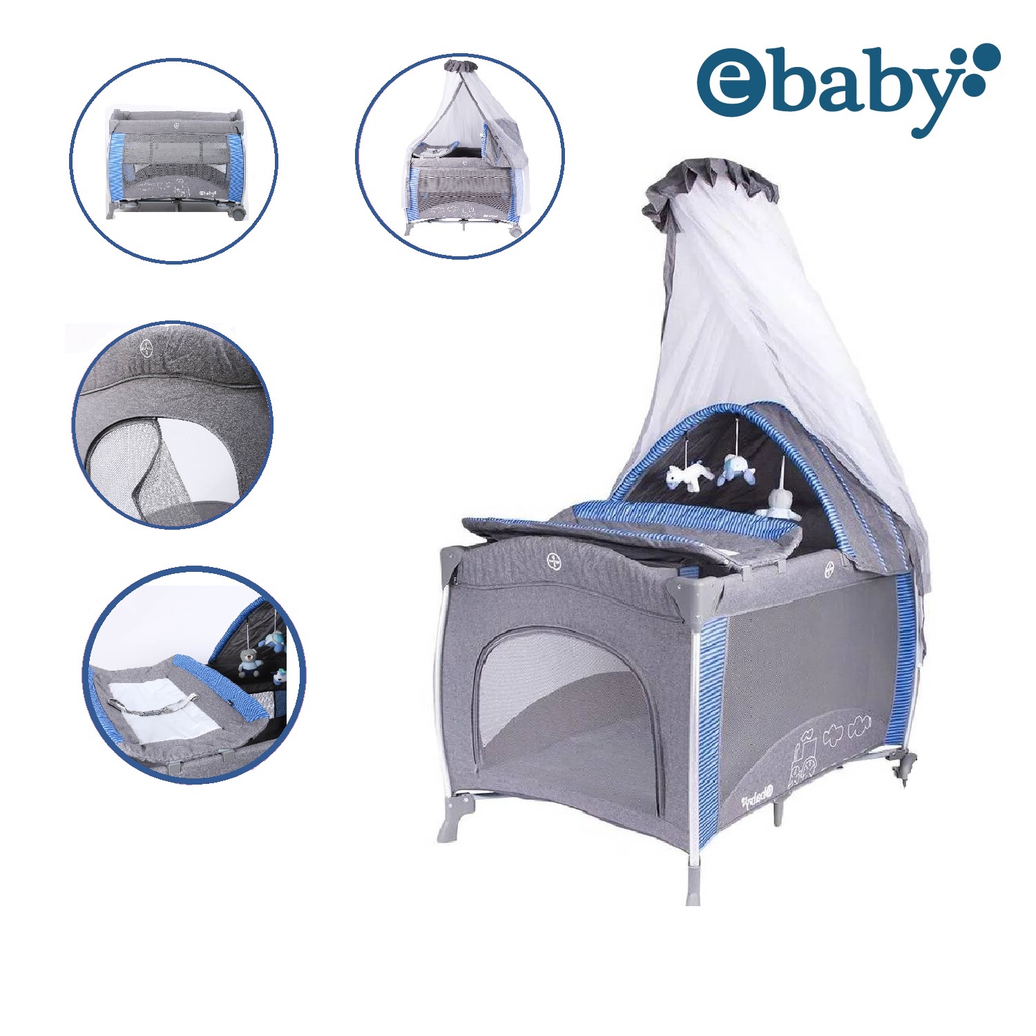 EBABY CUNA CORRAL ALUMINIO NOA 780 CON TUL REINA AZUL - 1
