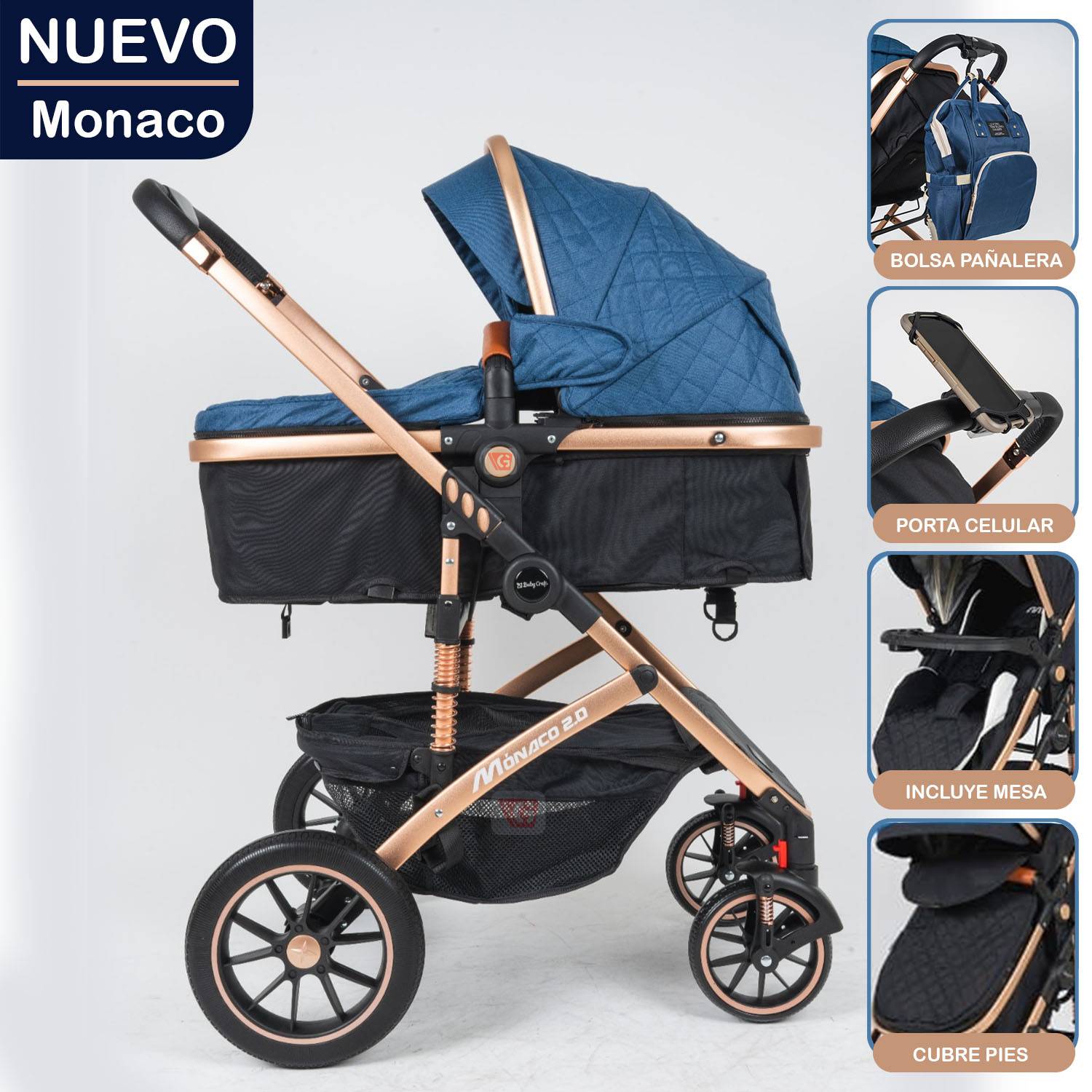 COCHE CUNA GETHEX MÓNACO AZUL MOISÉS GOLDEN - 1
