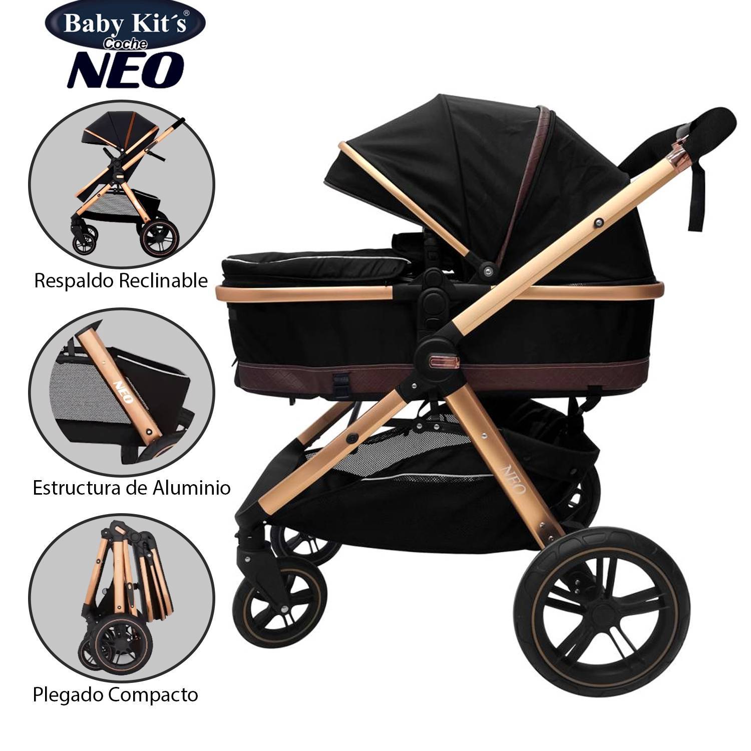 COCHE CUNA BABY KITS NEO NEGRO MOISÉS DE LUJO - 1