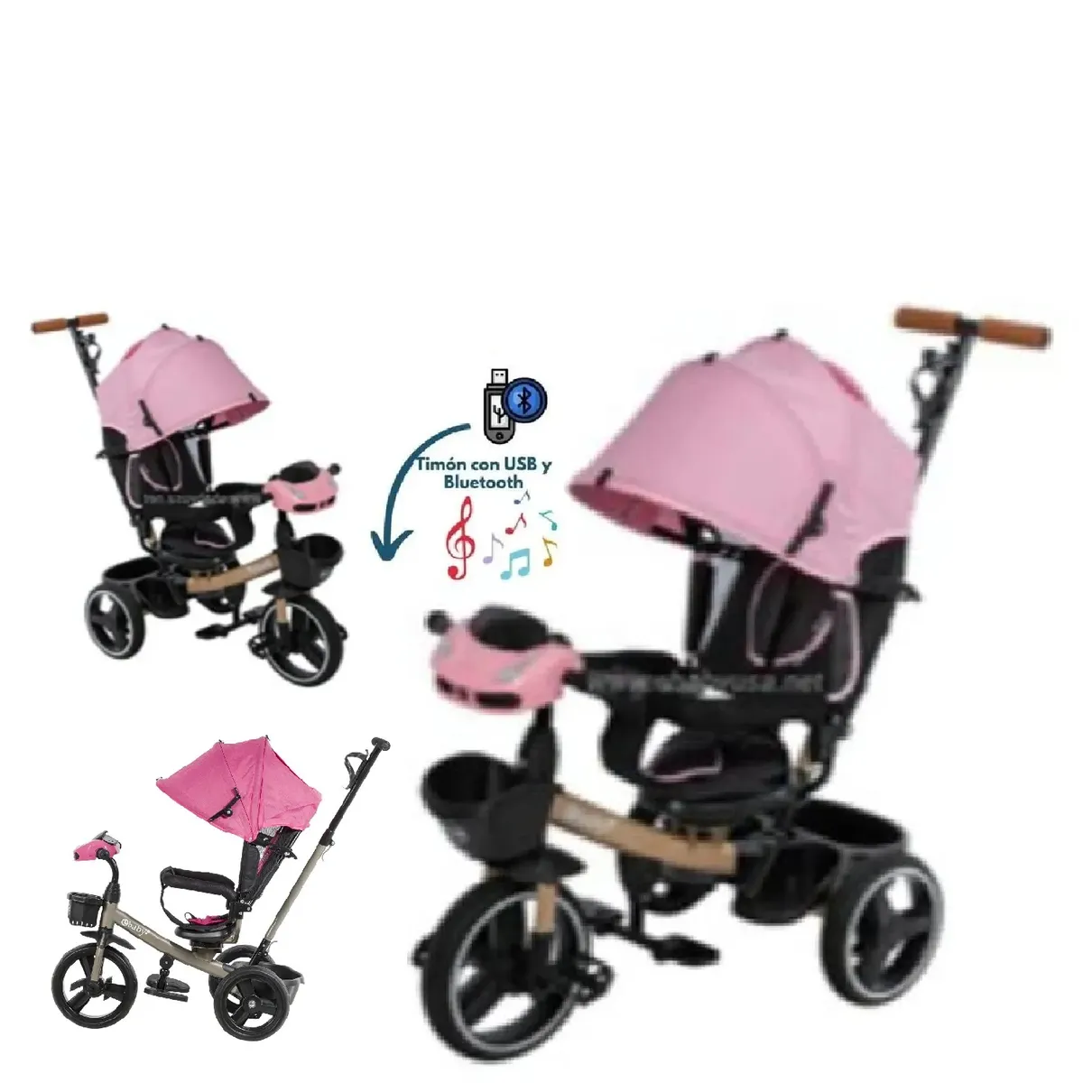 TRICICLO GUIADOR EBABY USB BLUETOOTH EB362A -ROSA - 1