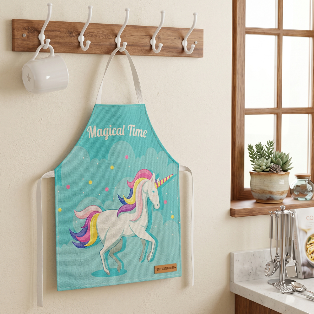 MANDIL-DELANTAL PARA NIÑOS DE UNICORNIO CON FONDO CELESTE - 1