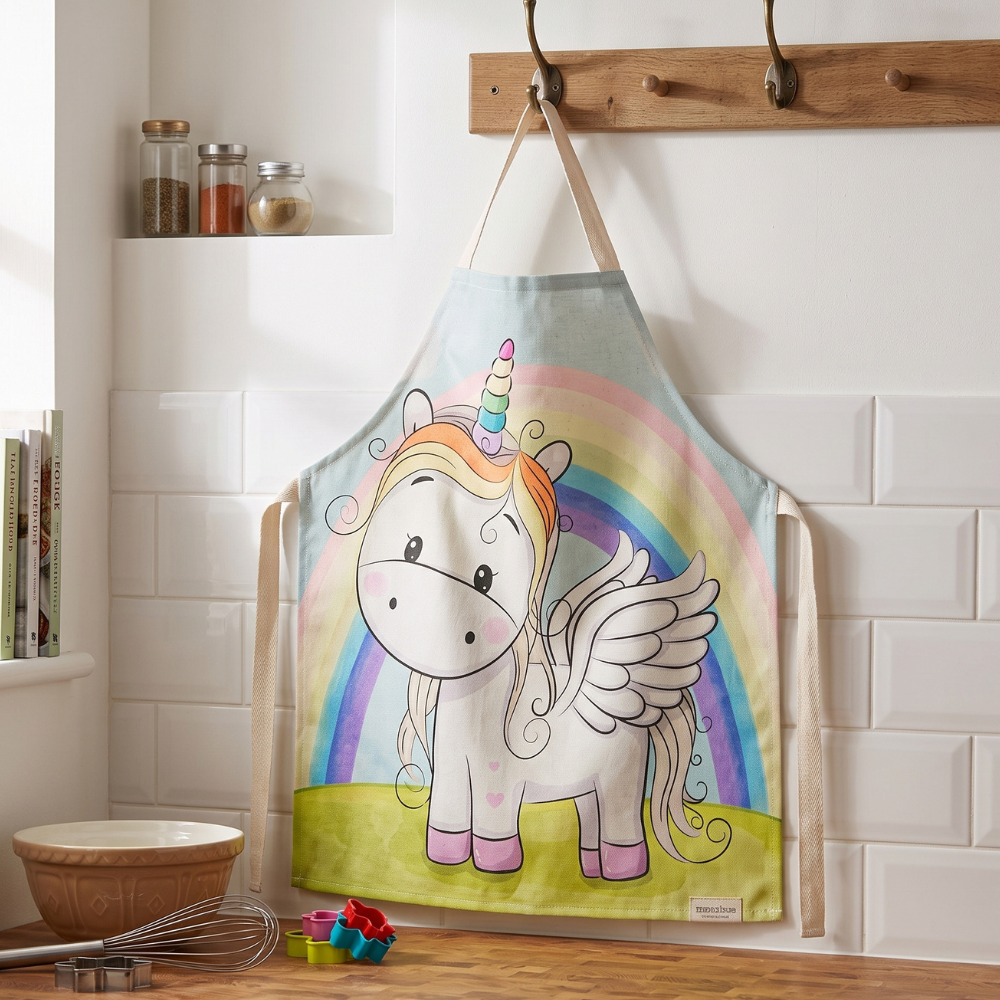MANDIL-DELANTAL PARA NIÑOS DE UNICORNIO CON ARCOÍRIS DETRÁS - 1