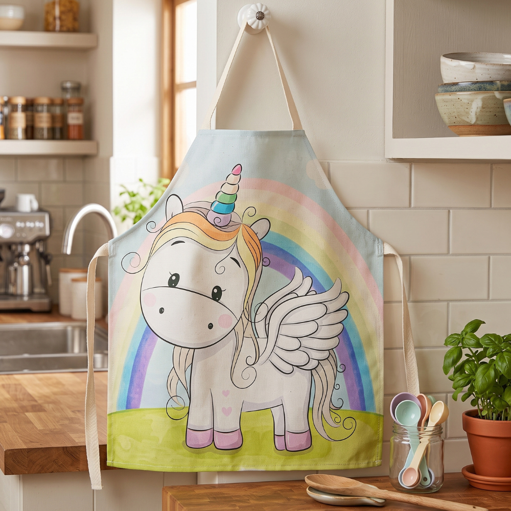MANDIL-DELANTAL PARA NIÑOS DE UNICORNIO CON ARCOÍRIS DETRÁS - 2