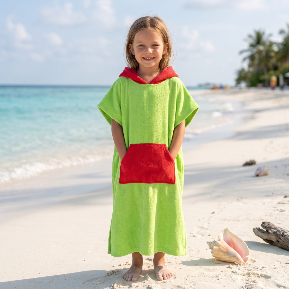 TOALLA PONCHO CAMBIADOR VERDE PARA NIÑOS DE 6 A 11 AÑOS - 1
