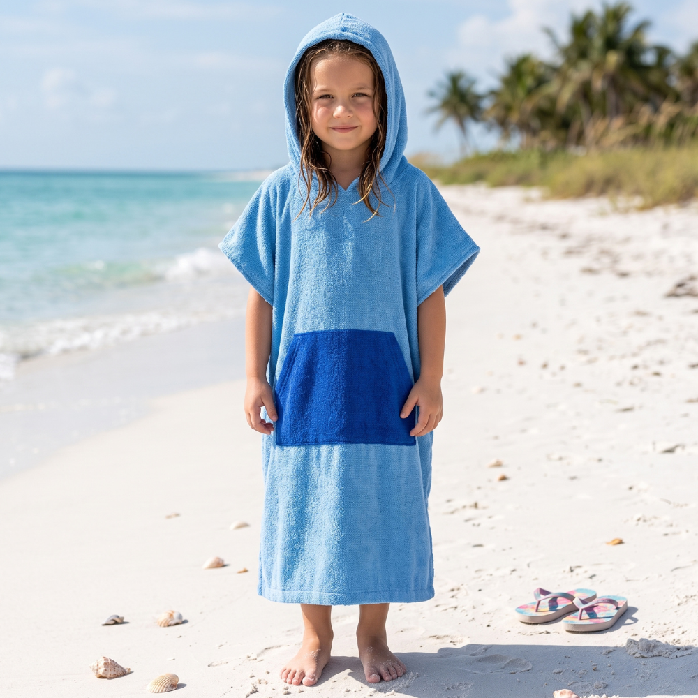 TOALLA PONCHO CAMBIADOR CELESTE PARA NIÑOS DE 6 A 11 AÑOS - 4