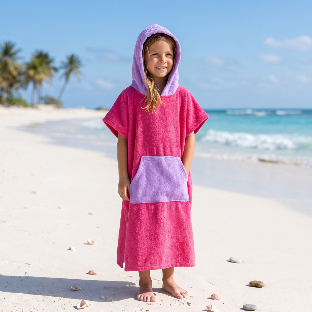 TOALLA PONCHO CAMBIADOR COLOR CHICLE CON LILA PARA NIÑOS DE 6 A 11 AÑOS - 1