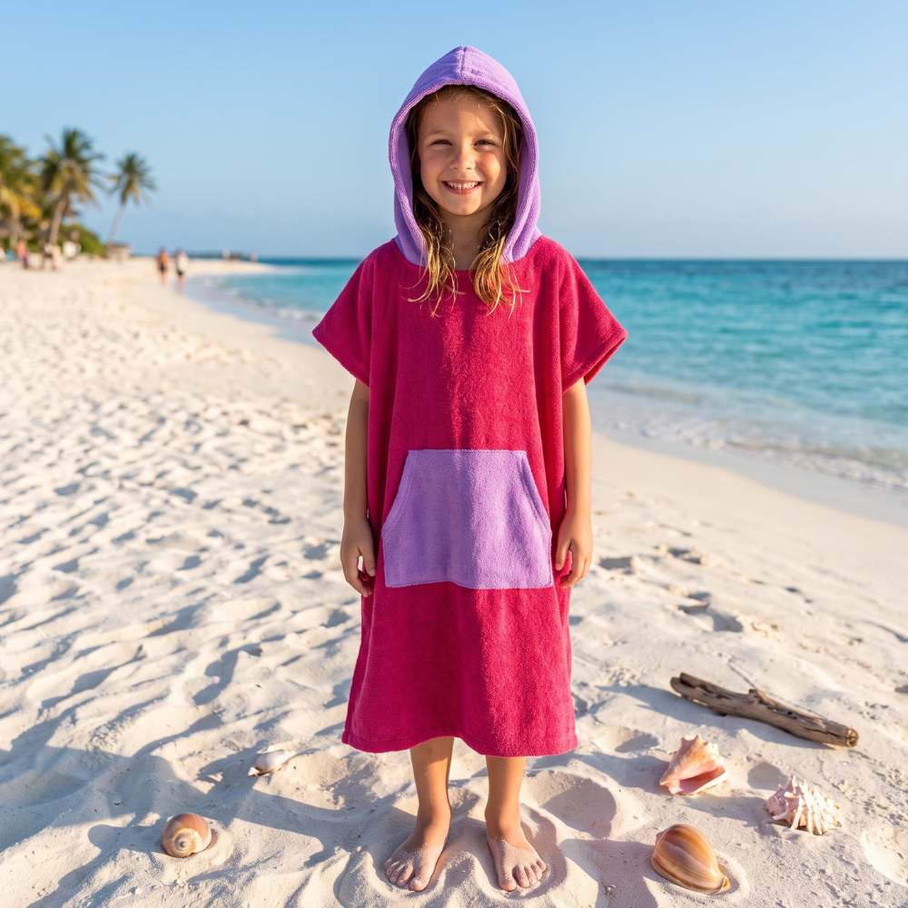 TOALLA PONCHO CAMBIADOR COLOR CHICLE CON LILA PARA NIÑOS DE 6 A 11 AÑOS - 3