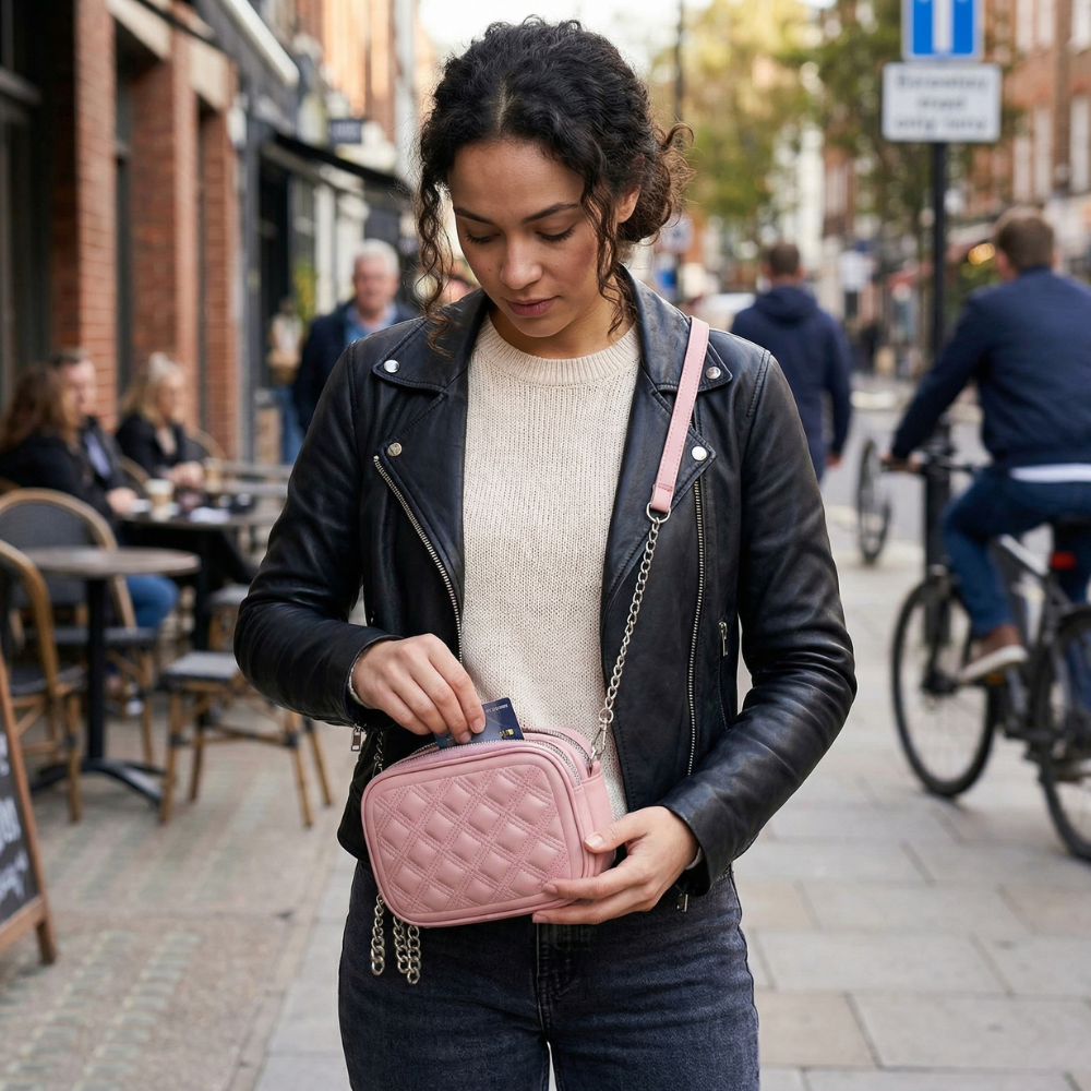 CARTERA DE HOMBRO CON MORRAL ROSADO - 3