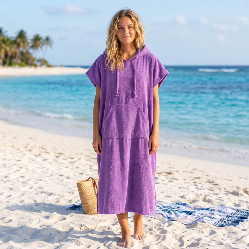 TOALLA PONCHO CAMBIADOR LILA PARA NIÑOS DE 6 A 11 AÑOS - 2
