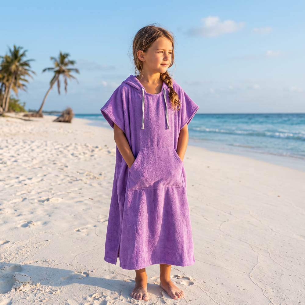 TOALLA PONCHO CAMBIADOR LILA PARA NIÑOS DE 6 A 11 AÑOS - 3