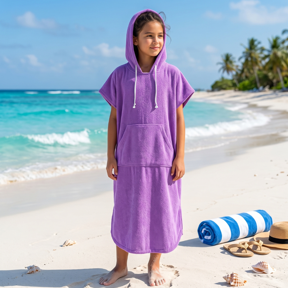 TOALLA PONCHO CAMBIADOR LILA PARA NIÑOS DE 6 A 11 AÑOS - 4