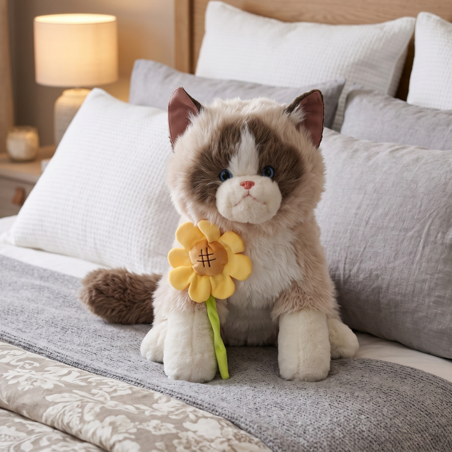PELUCHE GATO REAL CON GIRASOL ANTIESTRES CON SONIDO BLANCO Y BEIGE - 1