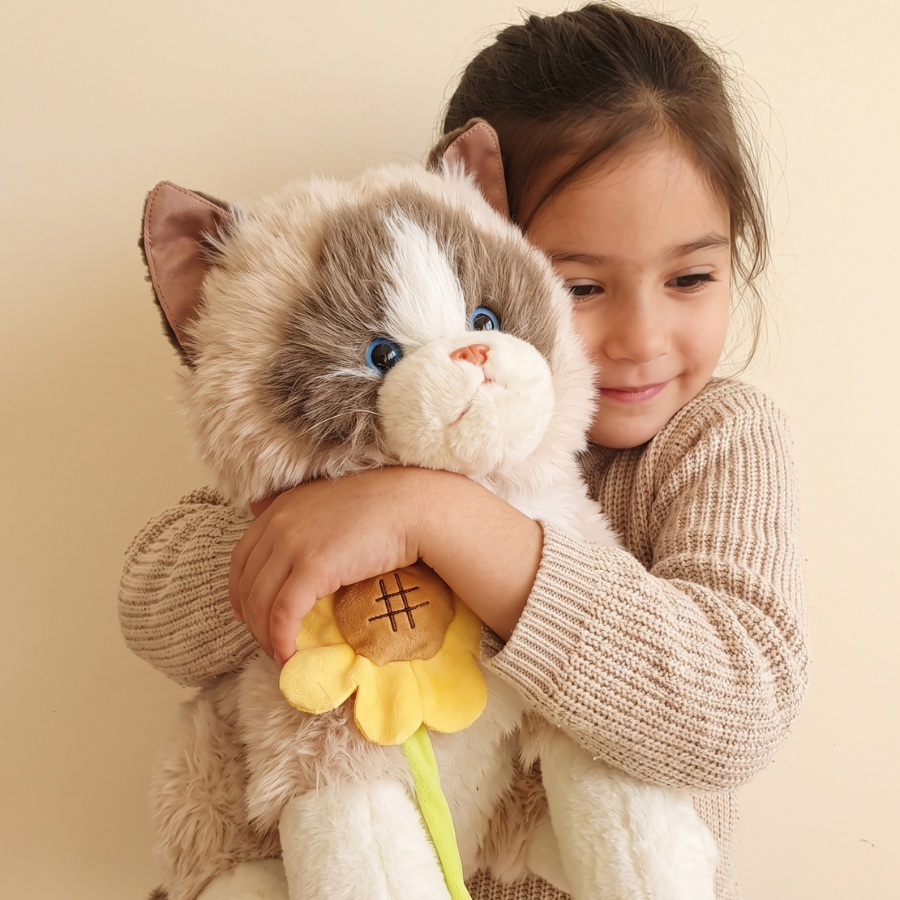 PELUCHE GATO REAL CON GIRASOL ANTIESTRES CON SONIDO BLANCO Y BEIGE - 2