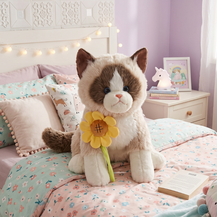 PELUCHE GATO REAL CON GIRASOL ANTIESTRES CON SONIDO BLANCO Y BEIGE - 3