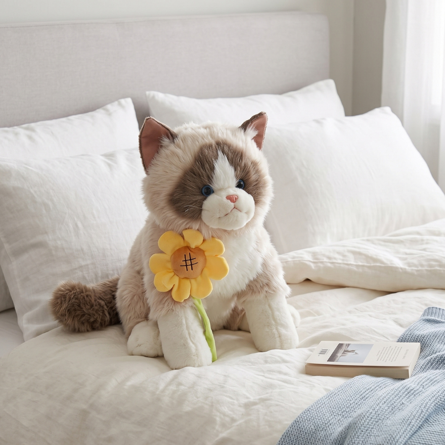 PELUCHE GATO REAL CON GIRASOL ANTIESTRES CON SONIDO BLANCO Y BEIGE - 4