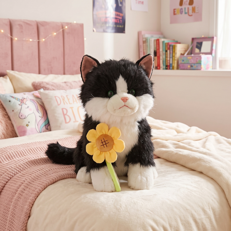 PELUCHE GATO REAL CON GIRASOL ANTIESTRES CON SONIDO NEGRO Y BLANCO - 1