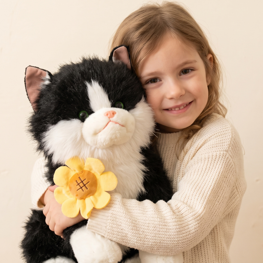 PELUCHE GATO REAL CON GIRASOL ANTIESTRES CON SONIDO NEGRO Y BLANCO - 2