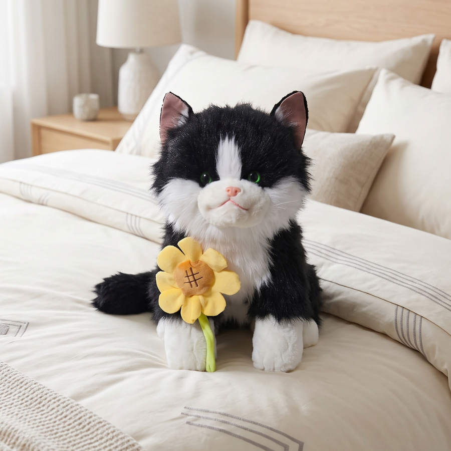 PELUCHE GATO REAL CON GIRASOL ANTIESTRES CON SONIDO NEGRO Y BLANCO - 3