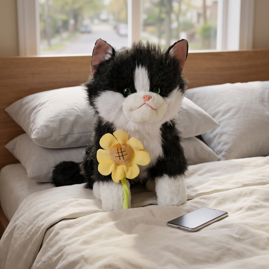 PELUCHE GATO REAL CON GIRASOL ANTIESTRES CON SONIDO NEGRO Y BLANCO - 4