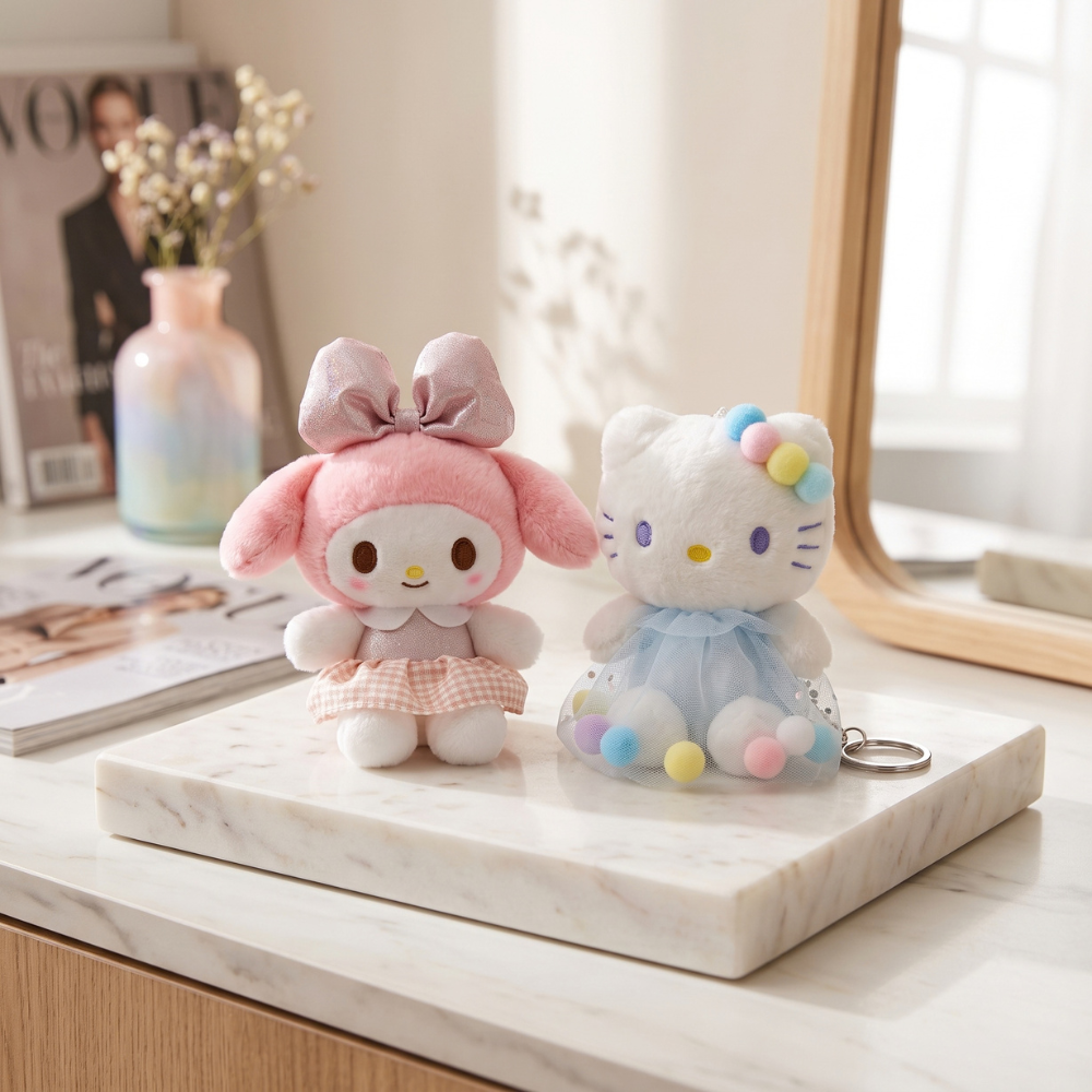 PACK DE 2 LLAVEROS CONEJA Y GATITA CON VESTIDO AZUL CLARO - 1