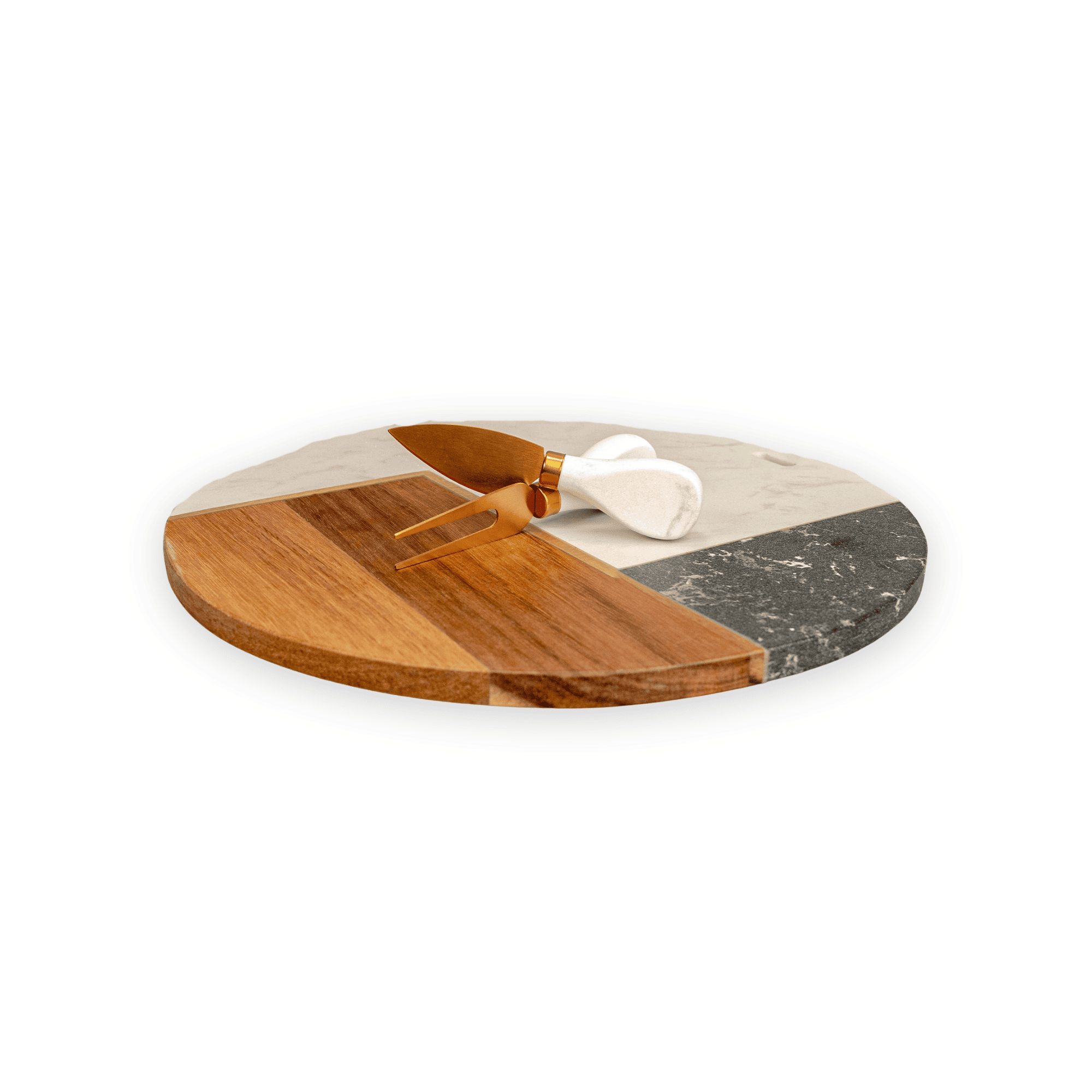 TABLA REDONDA PREMIUM DE QUESOS Y CHARCUTERÍA DE MÁRMOL Y ACACIA CON SET DORADO - 2