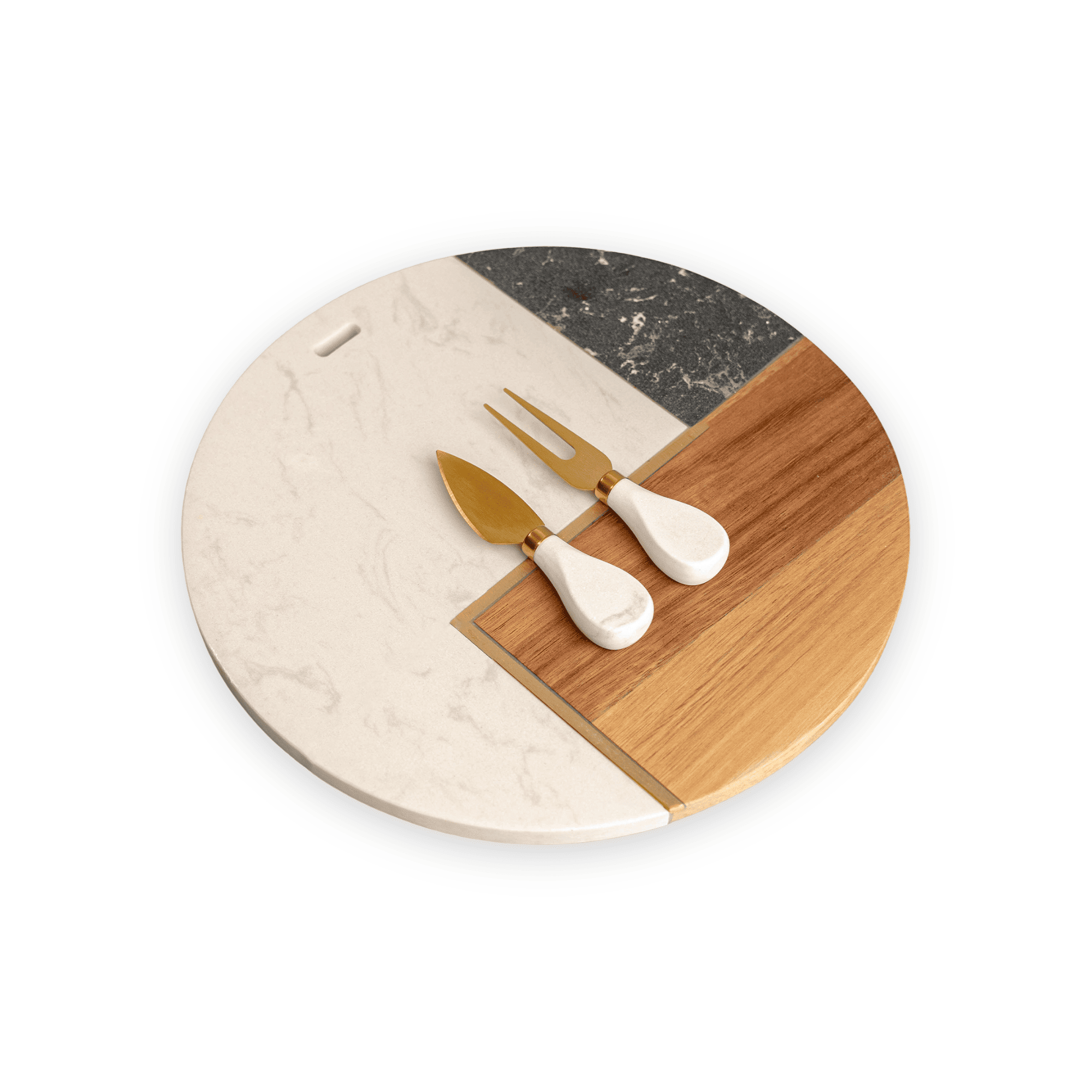 TABLA REDONDA PREMIUM DE QUESOS Y CHARCUTERÍA DE MÁRMOL Y ACACIA CON SET DORADO - 3