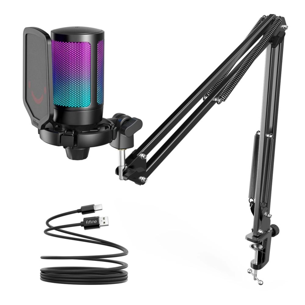 MICRÓFONO GAMER FIFINE A6T CON SOPORTE DE BRAZO CONDENSADOR USB COLOR NEGRO RGB - 1