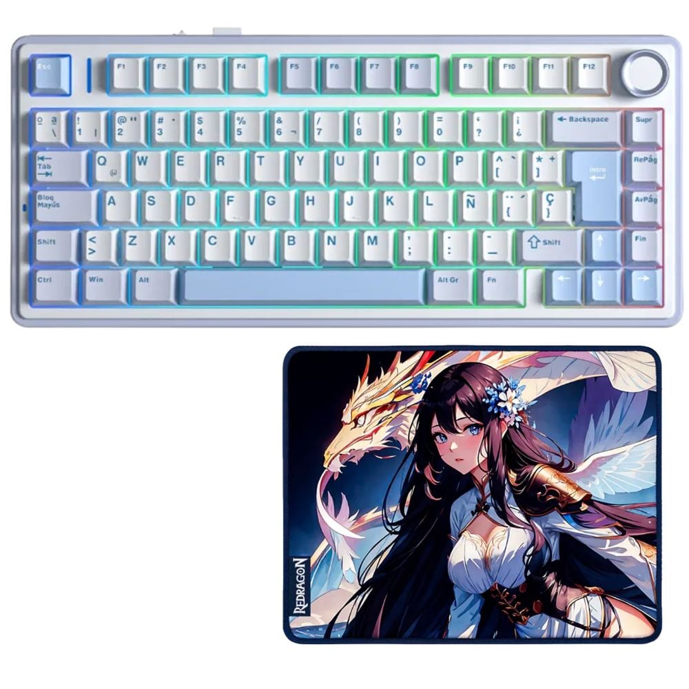 TECLADO AULA F75 RGB INALÁMBRICO ES BLANCO Y CELESTE SWITCH REAPER + MOUSEPAD REDRAGON AK1S - 1