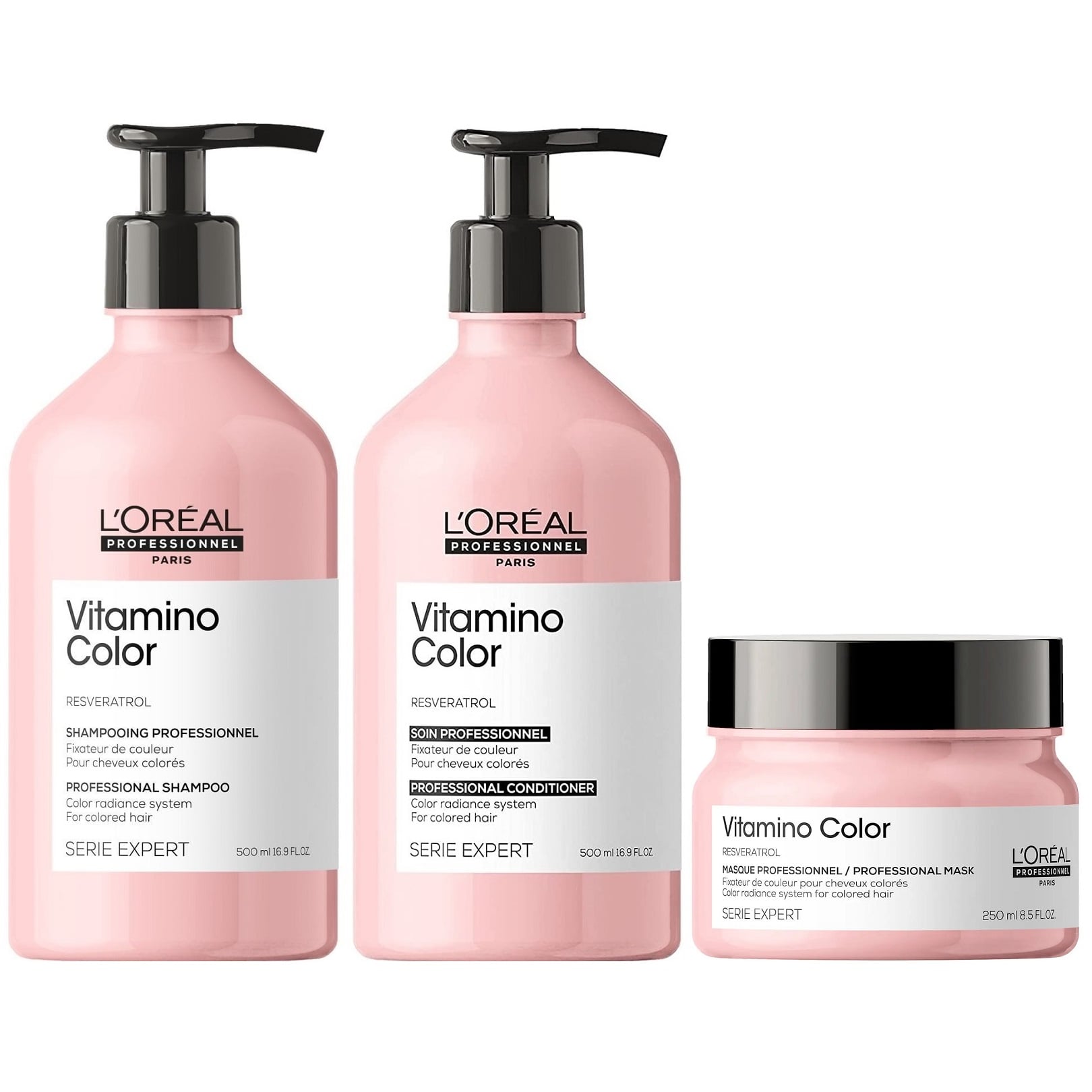 SHAMPOO LOREAL PROFESSIONNEL EMPHASELOVC017 500ML + ACONDICIONADOR + MASCARILLA LOREAL VITAMINO COLOR - 1