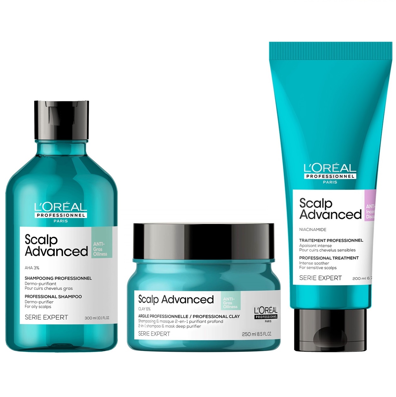 SHAMPOO ANTIGRASA 300ML + ACONDICIONADOR + MASCARILLA LOREAL SCALP ADVANCED - 1