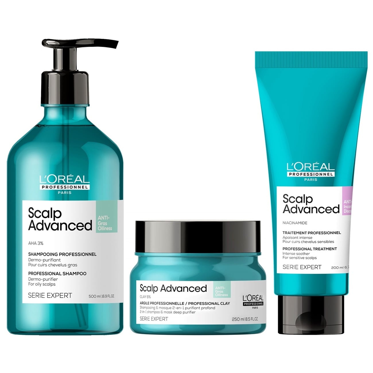 SHAMPOO ANTIGRASA 500ML + ACONDICIONADOR + MASCARILLA LOREAL SCALP ADVANCED - 1