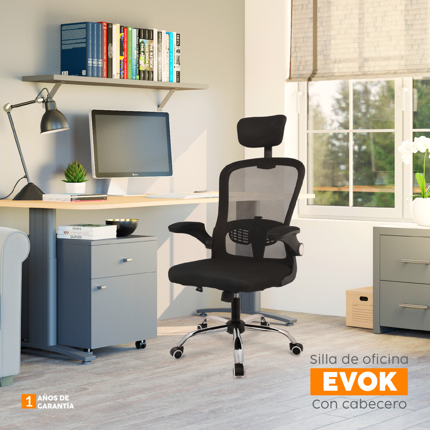 SILLA DE OFICINA CON CABECERO EVOK NEGRO BONNO - 6
