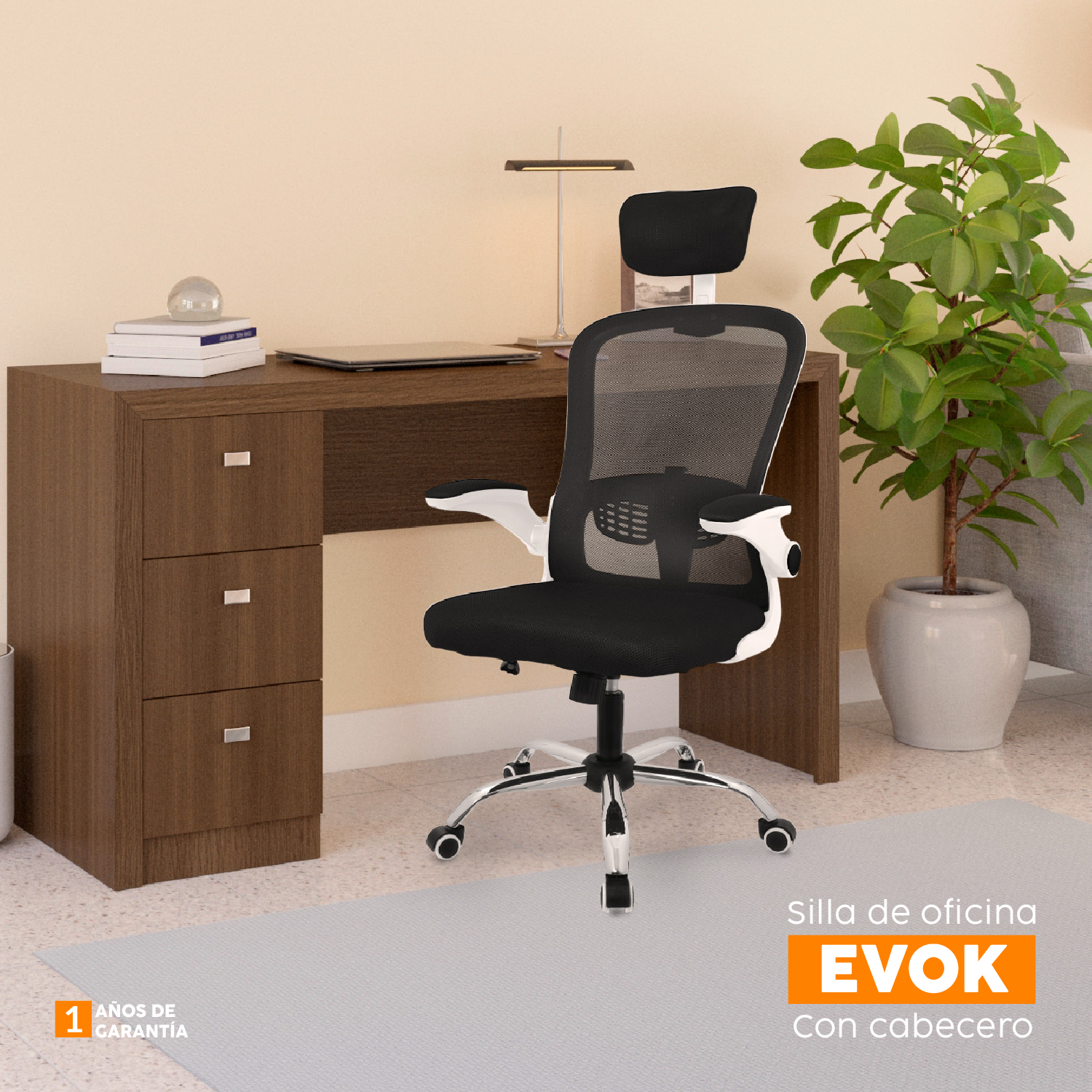 SILLA DE OFICINA CON CABECERO EVOK NEGRO/BLANCO BONNO - 6