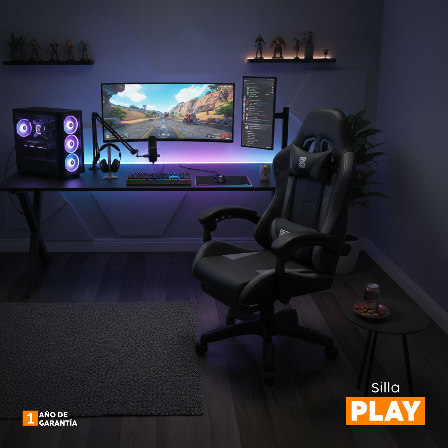 SILLA GAMER PLAY CON REPOSAPIÉS NEGRO/GRIS BONNO - 9