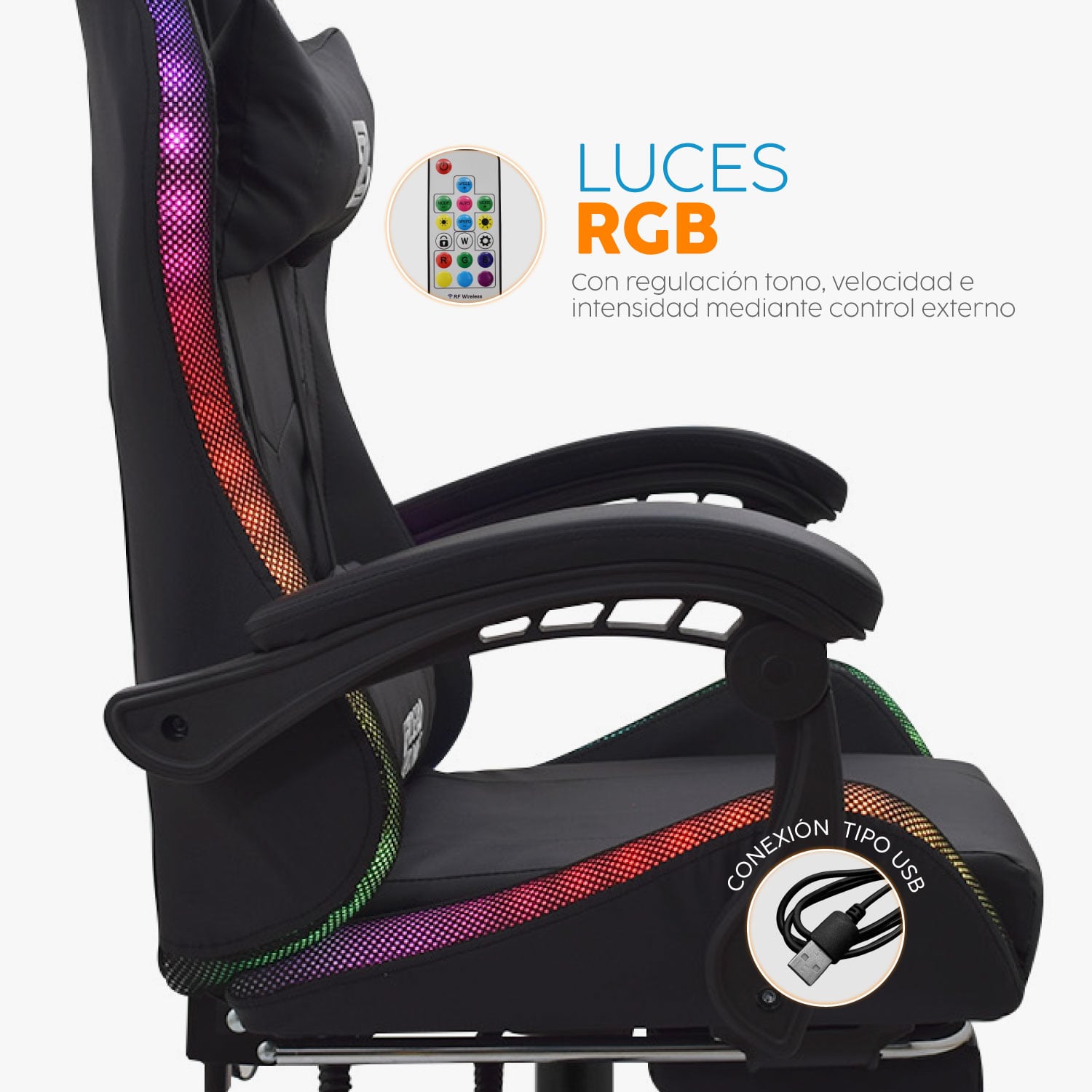 SILLA GAMER PLAY CON REPOSAPIÉS Y LUCES RGB NEGRO BONNO - 4